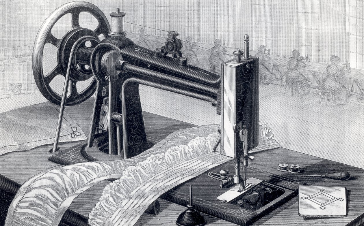 Wilson symaskine, der viser remtræk fra trædeflade og oliedunk, fra Park Benjamin Appletons Cyclopedia of Applied Machines, udgivet 1880 af American School