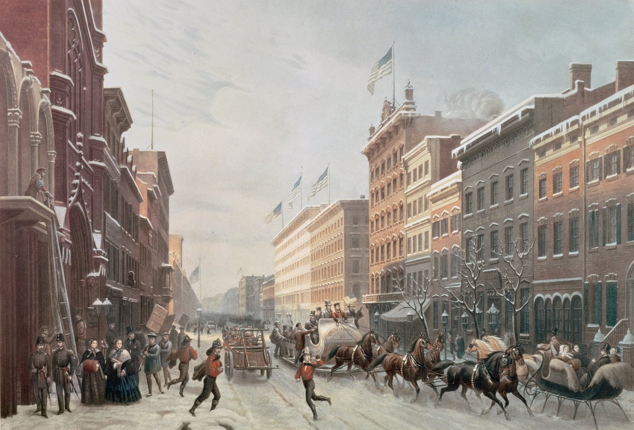Vinterscene på Broadway, New York, 1857 af American School