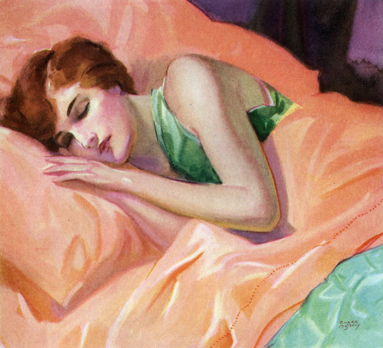 Kvinde sover på ferskenfarvet sengetøj af American School