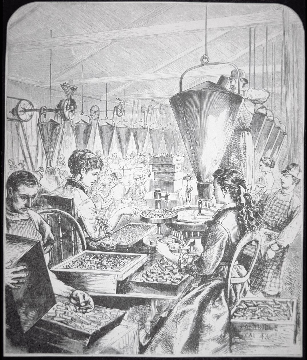 Kvinder, der arbejder på ammunitionsfabrik, Bridgeport, Connecticut (gravering) af American School