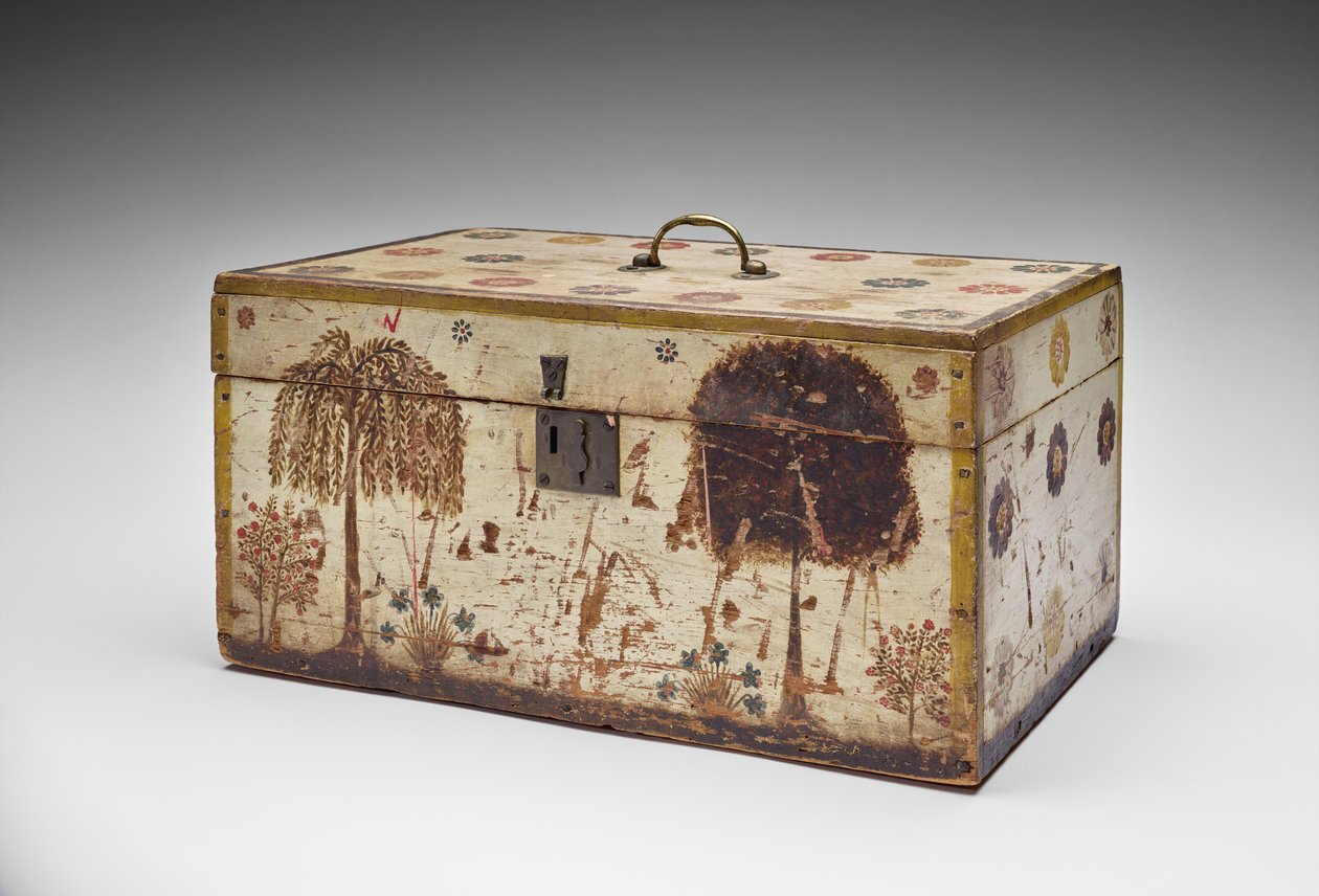 Arbejdskasse, ca. 1830-40 (uidentificeret træ, metal, fløjl, maling og bomuldsvat) af American School