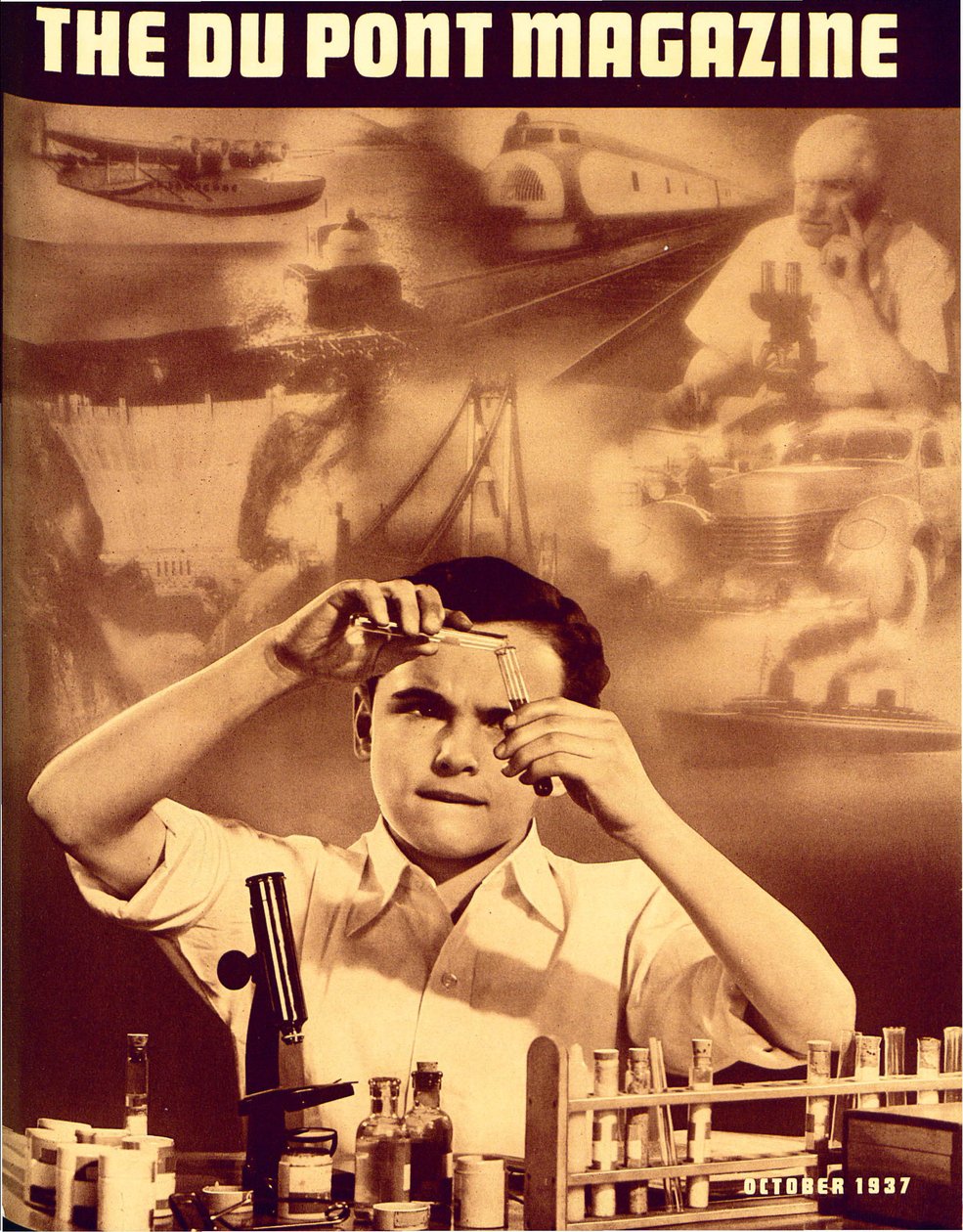 Ung dreng med kemisæt, forside af DuPont Magazine, oktober 1937 af American School