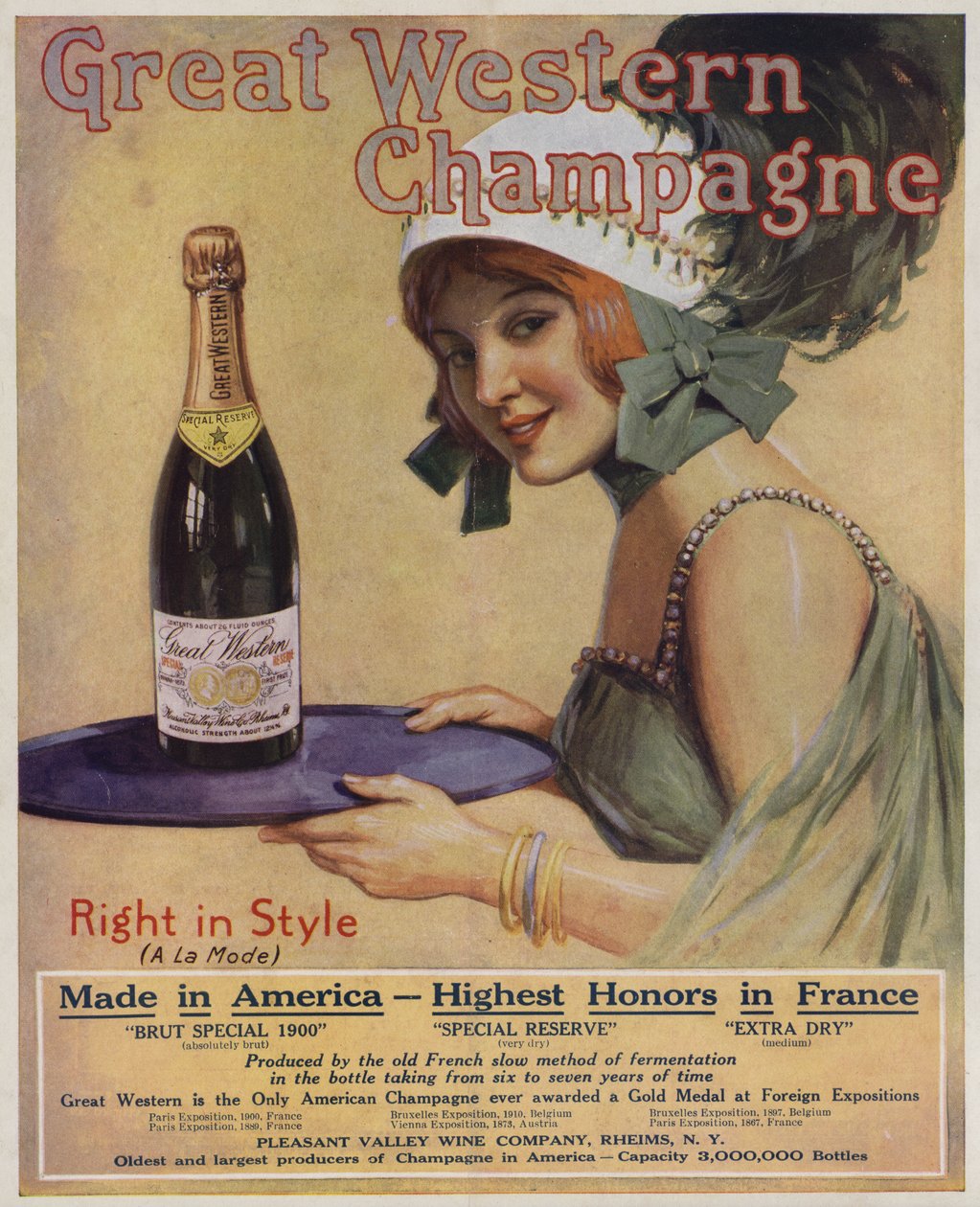 Ung kvinde med en flaske champagne, reklame for Great Western Champagne (farvelitografi) af American School
