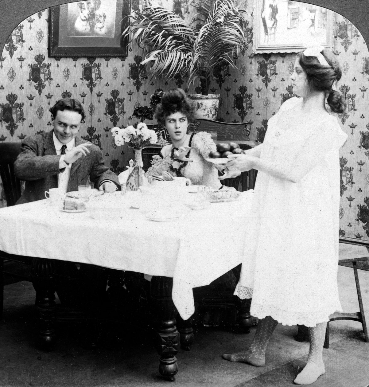 Hvordan Biddy serverede tomaterne afklædt. af American Stereoscopic Company