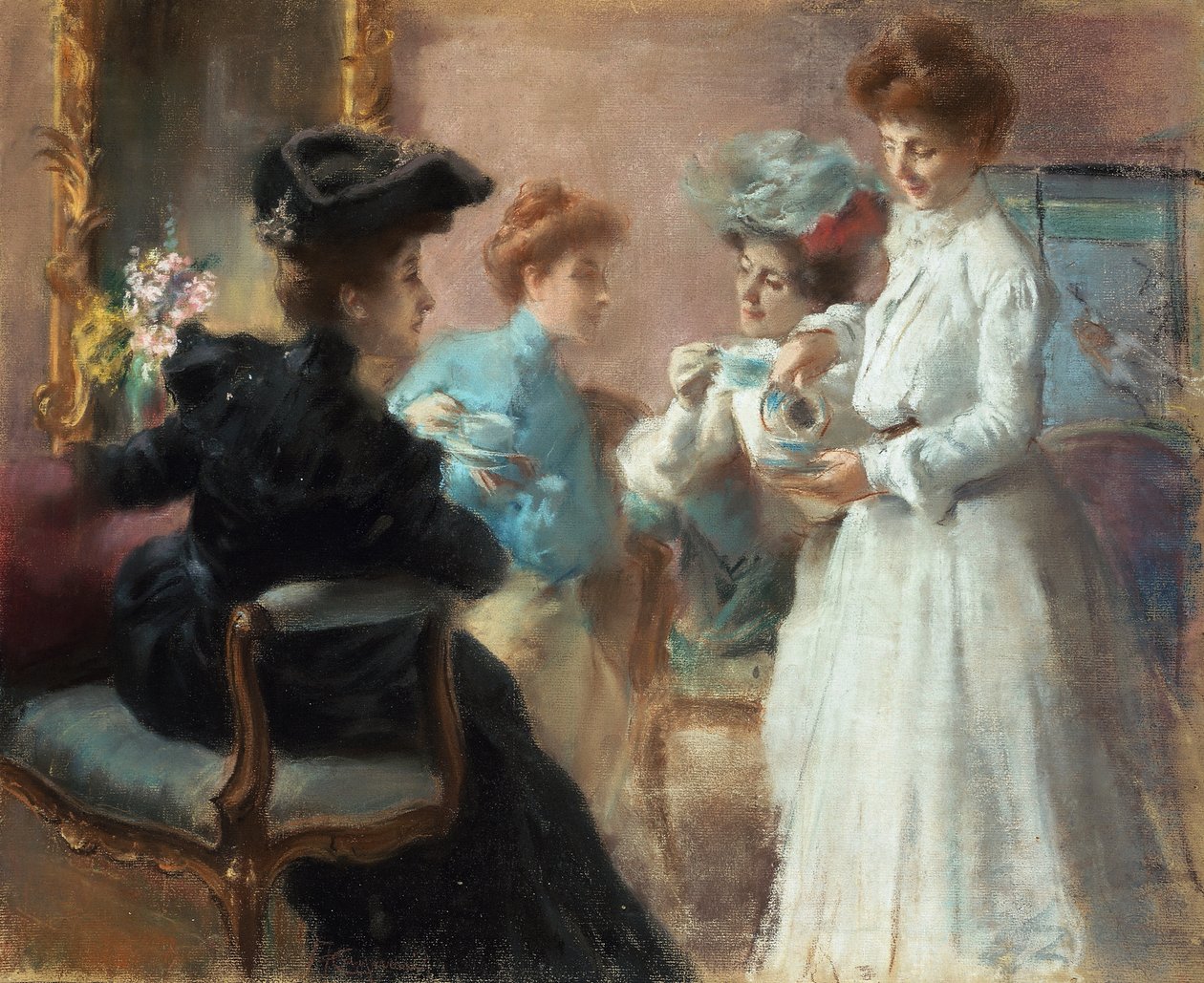 Teatime i min stue i Via Senato, af Amerino Cagnoni (1853-1923), pastel på papir monteret på lærred, 48x56,5 cm af Amerino Cagnoni