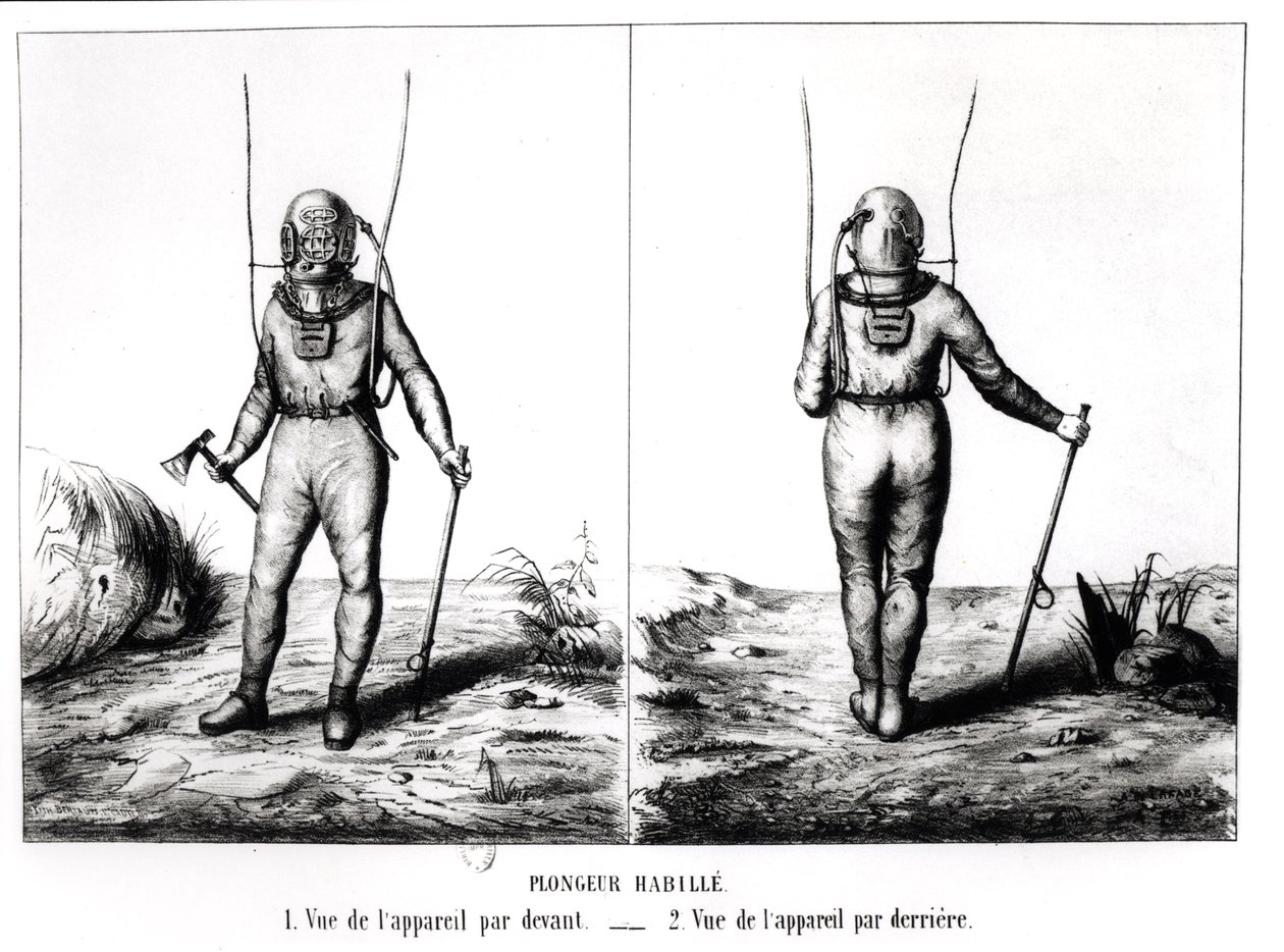 Deep Sea Diver, illustration fra Scaphandre, Apparatus de Plongeur Cabirol, af Joseph-Martin Cabirol, udgivet Paris 1855 (bw foto) af Amicar de Lafage