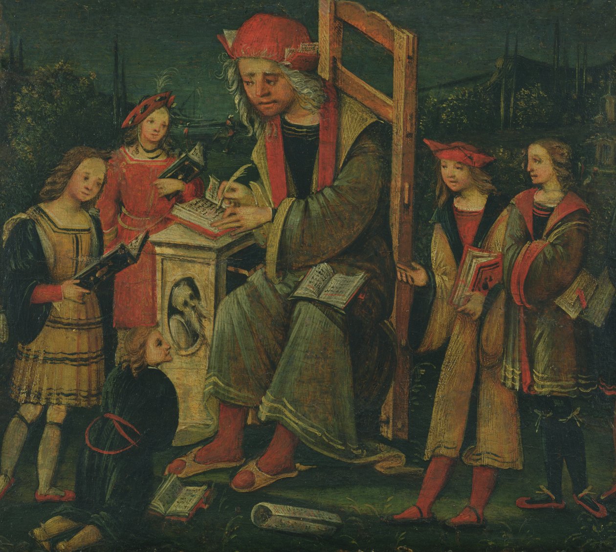 St. Cassian i sin stol, omgivet af sine elever af Amico Aspertini