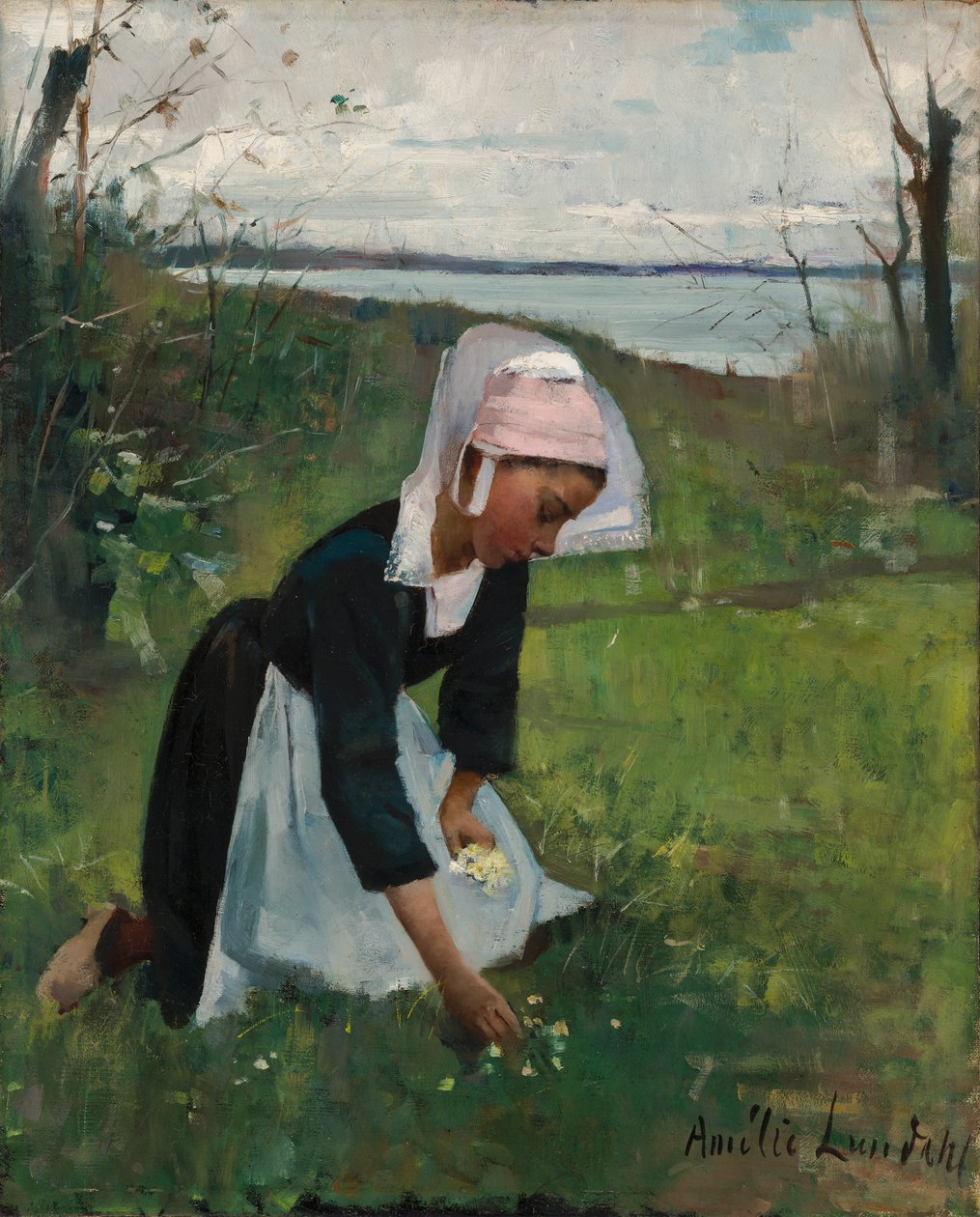 Bretonsk pige plukker blomster af Amélie Lundahl