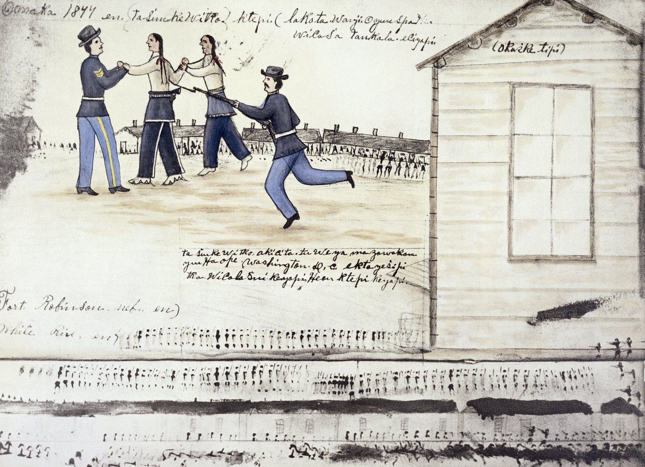 Crazy Horses (ca. 1842-77) død i 1877, Fort Robinson, Nebraska (blæk på papir) af Amos Bad Heart Buffalo