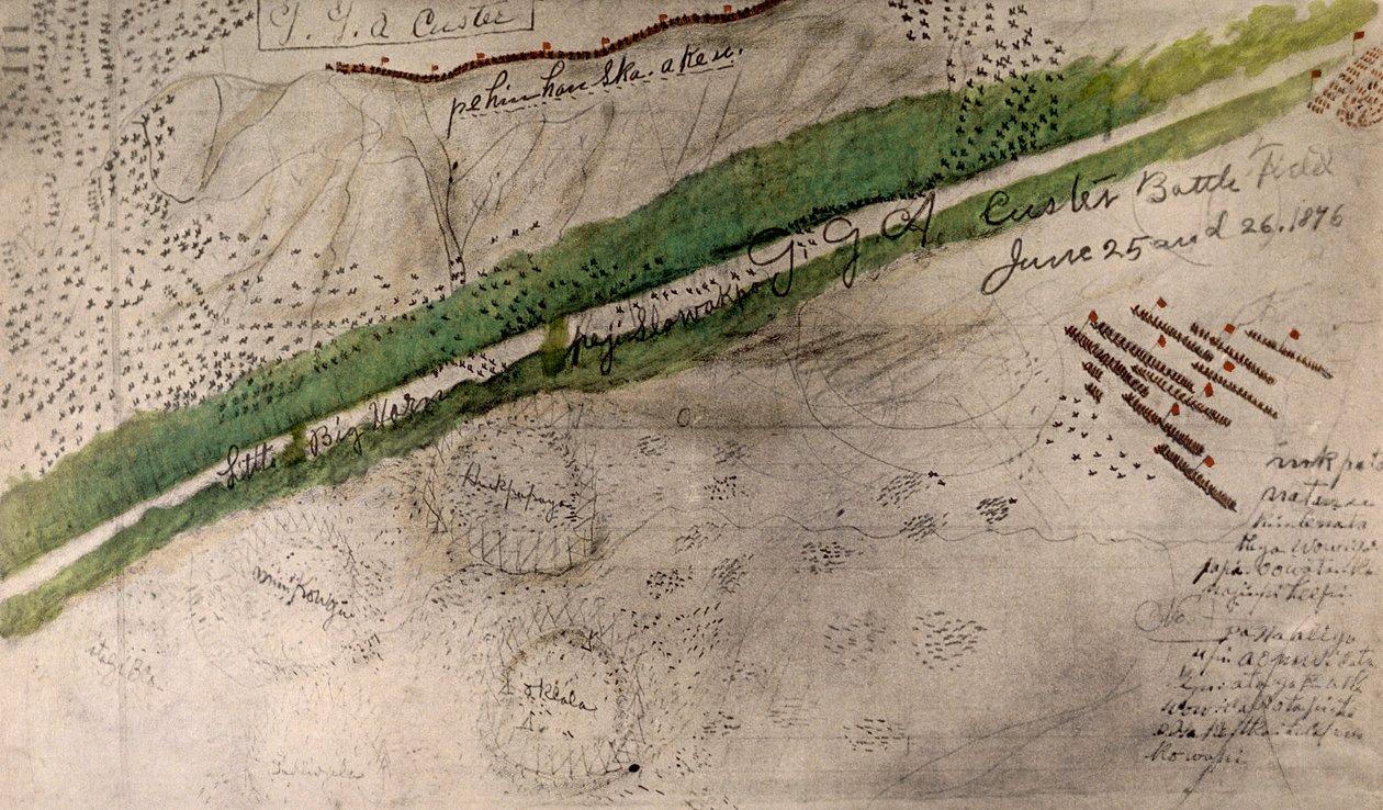 Topografisk kort over slagmarken ved Little Big Horn (kul og blæk på papir) af Amos Bad Heart Buffalo