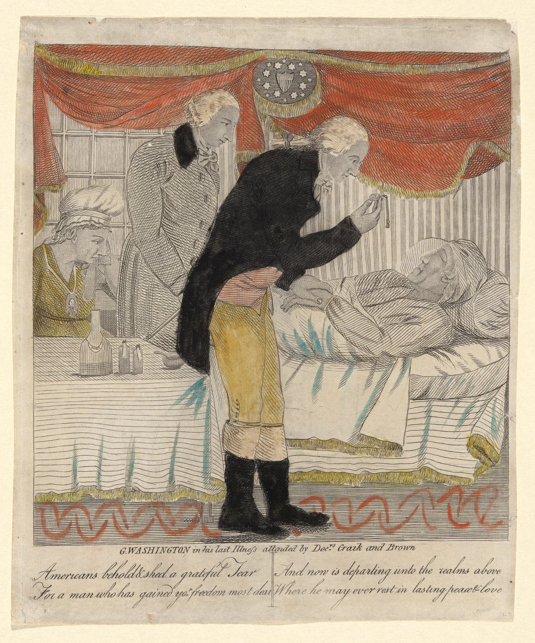 G. Washington i sin sidste sygdom, hvor lægerne Craik og Brown deltog af Amos Doolittle