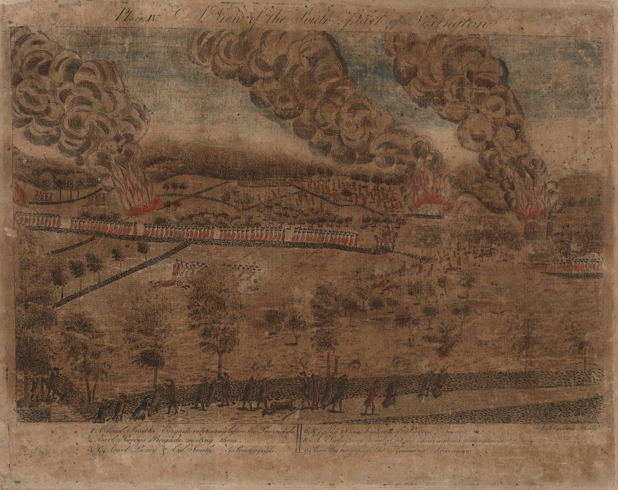 Slagene ved Lexington og Concord: Plade I, Slaget ved Lexington, 19. april 1775. Plade II, Udsigt over byen Concord. Plade III: Forlovelsen ved South Bridge i Concord. Plade IV: Et billede af den sydlige del af Lexington. af Amos Doolittle