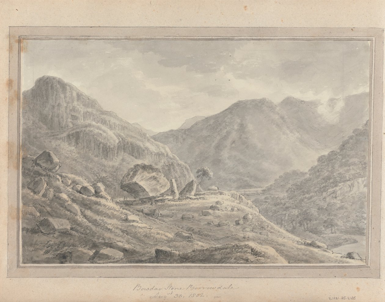 Udsigt i England, Skotland og Wales: Bowder Stone Borrowdale, 30. august 1802 af Amos Green