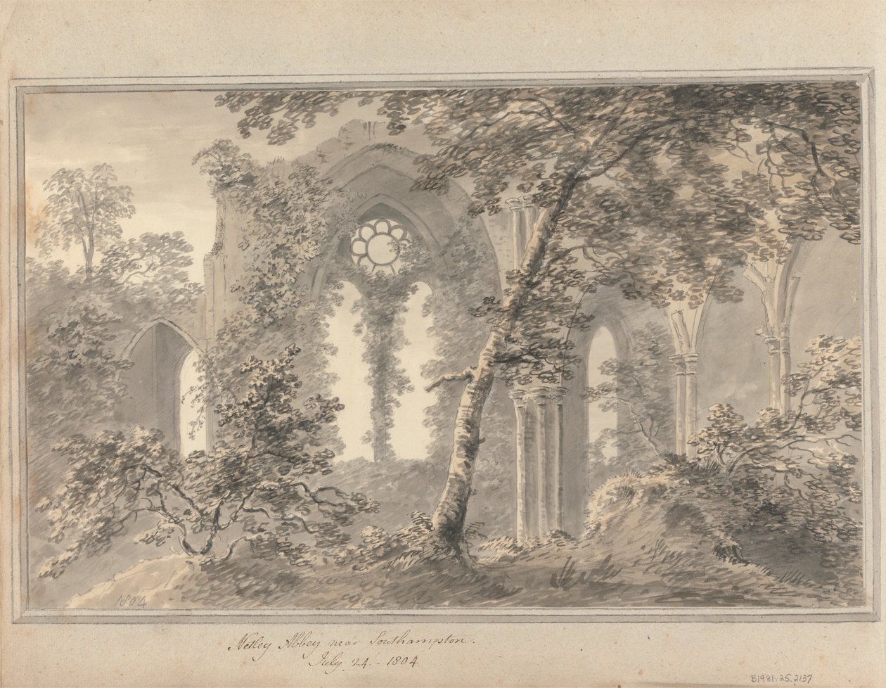 Udsigt i England, Skotland og Wales: Netley Abbey nær Southampton, 24. juli 1804 af Amos Green