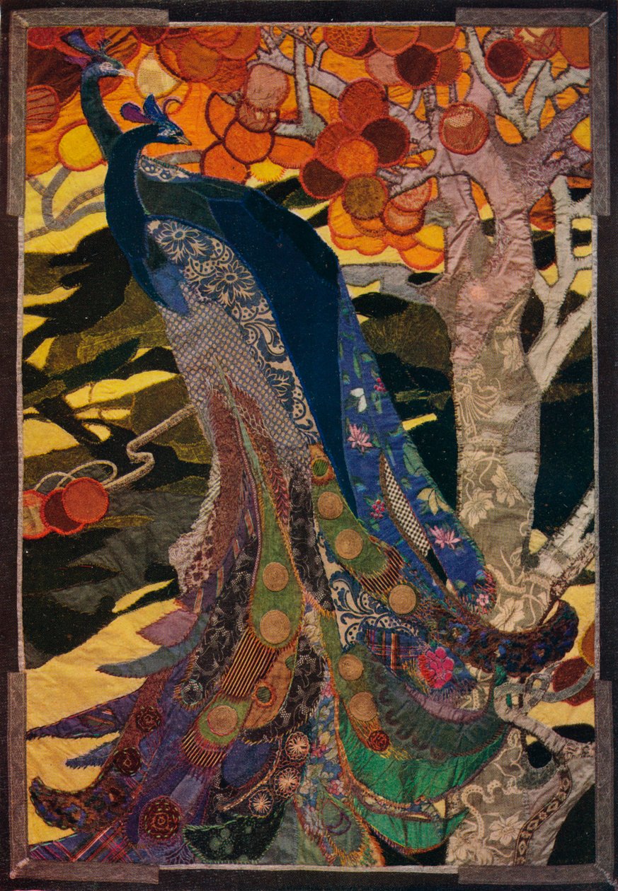 Peacock Panel i Patchwork, c1920 af Amy Sawyer