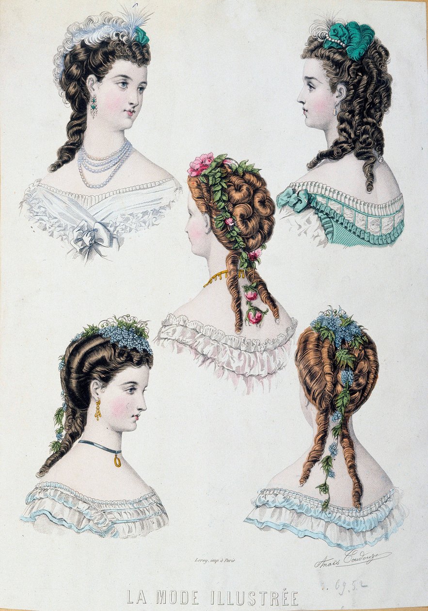 Fem frisurer af kvinder Plate taget fra "La mode illustree"" af Anais Coutwelve af Anais Toudouze