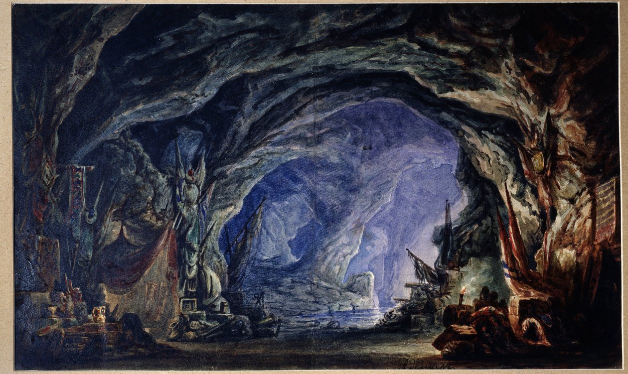 Forberedende indretning til balletten Le Corsaire af Adolphe Adam (1803-1856) (Scenedesign til Ballet Corsair af A.Adam). Korsarernes hule, tilgængelig fra havet, hvor de samler deres bytte og præmier af enhver art (klude, fade, våben). Åh af Anatoli Fedorovich Geltser
