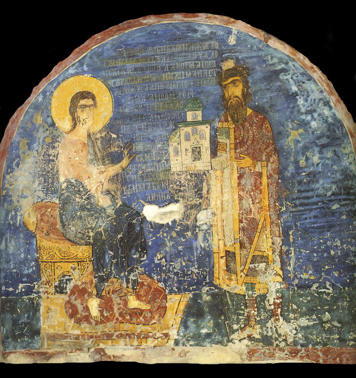 Storprins Yaroslav II Vsevolodovich med model af Nereditsa-kirken før Kristus, 12. århundrede af Ancient Russian frescos