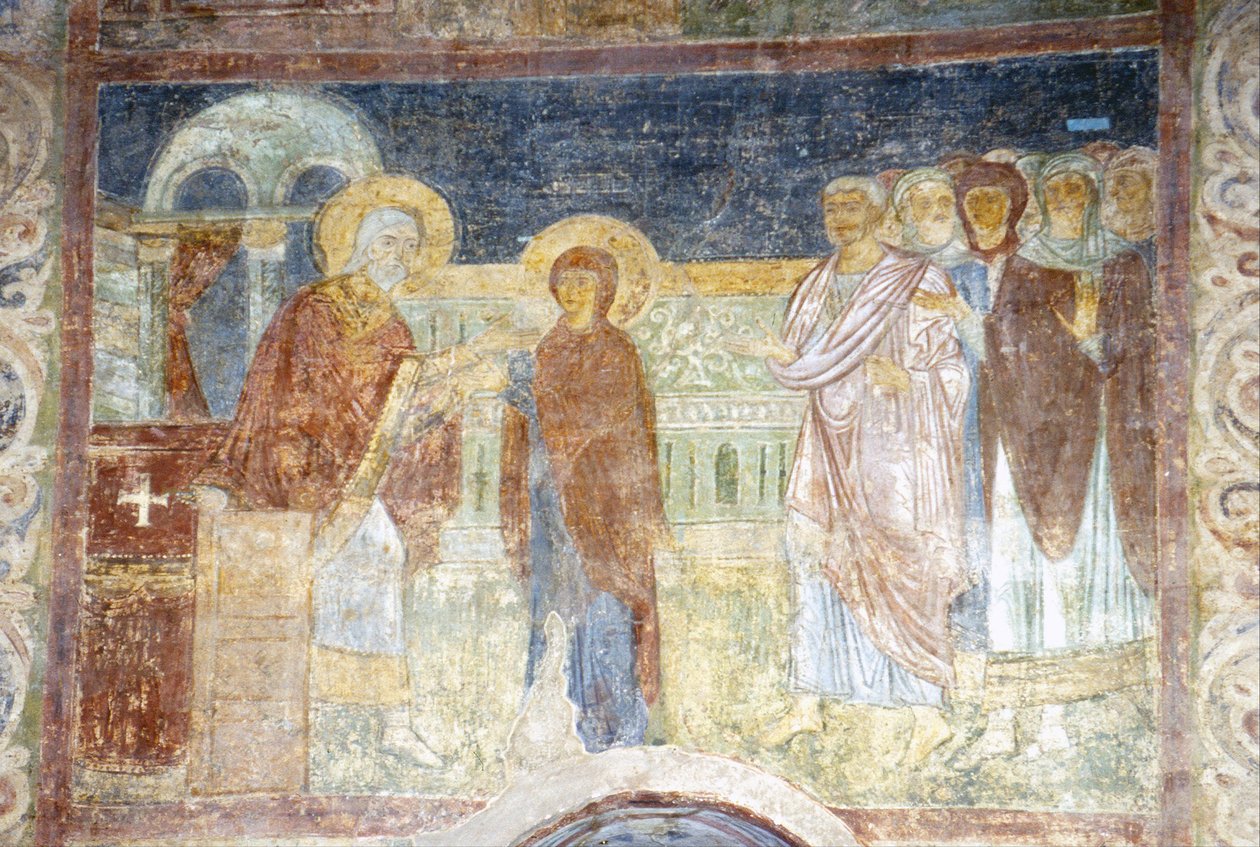 Jomfruen modtager lilla og cochenille af Ancient Russian frescos