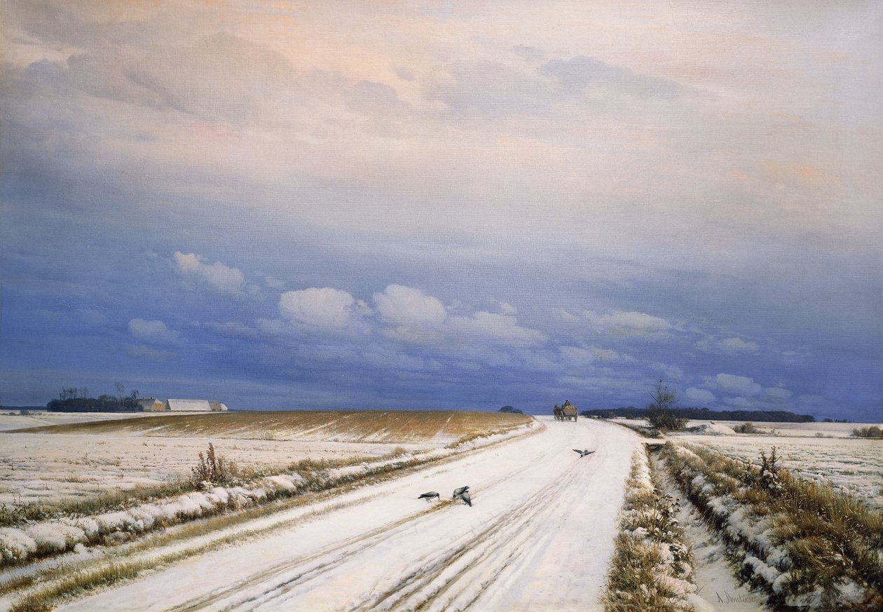 Et vinterlandskab med hest og vogn, af Anders Andersen Lundby