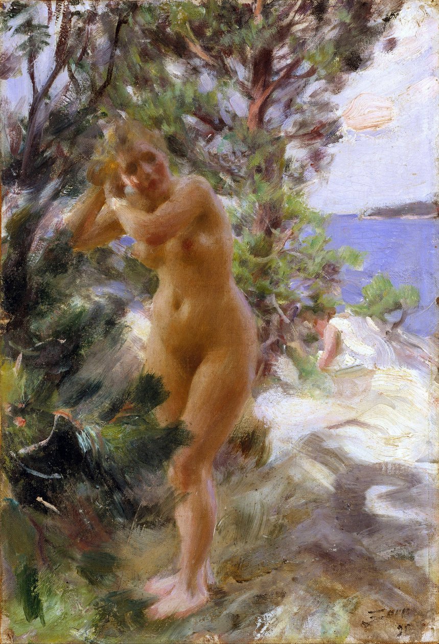 Apres le bain - Efter badet - Zorn, Anders Leonard (1860-1920) - 1895 - Olie på lærred - 53,5x36,5 - Nationalmuseum Stockholm af Anders Leonard Zorn