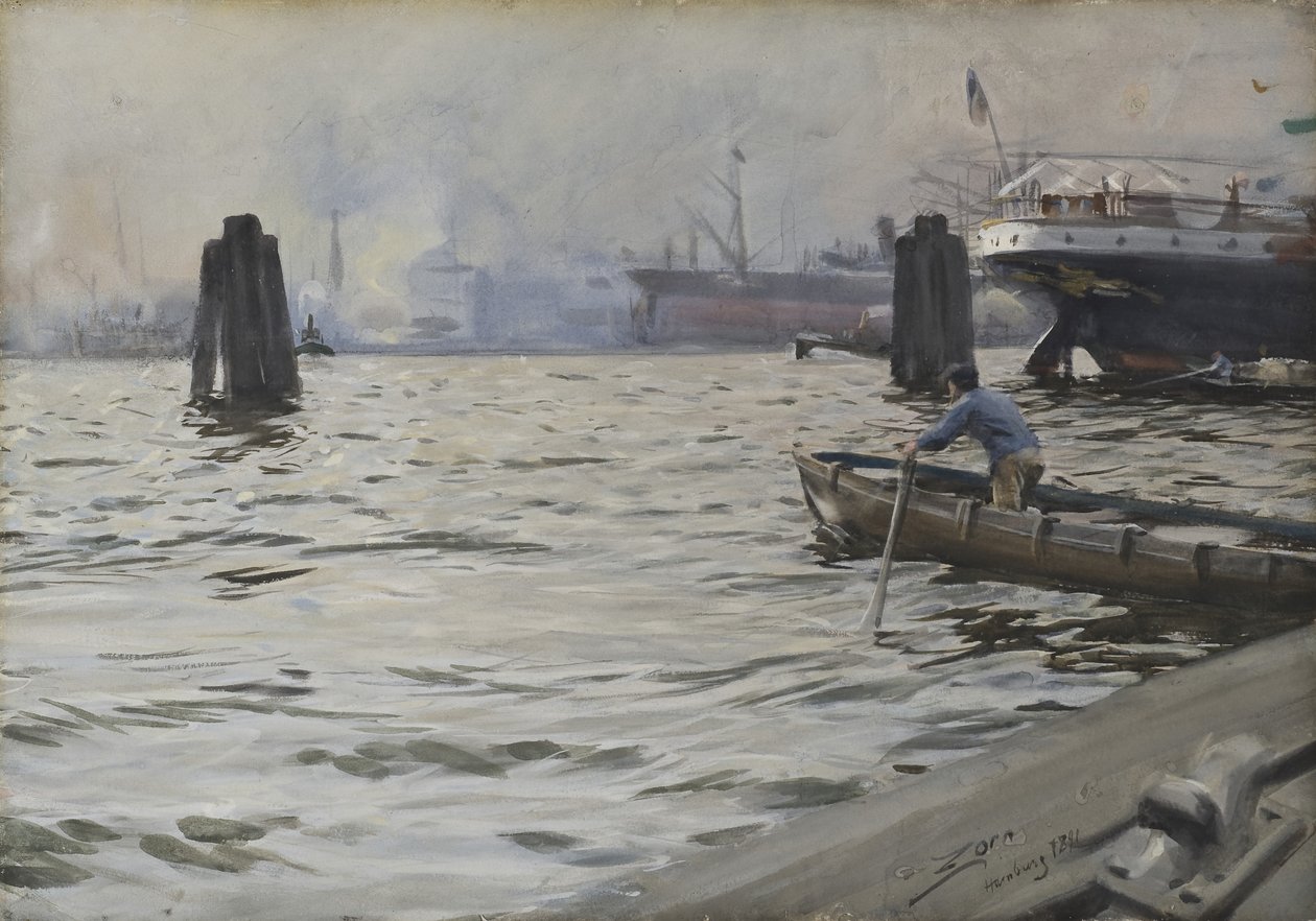 Hamborgs havn, 1891 (wc på papir) af Anders Leonard Zorn