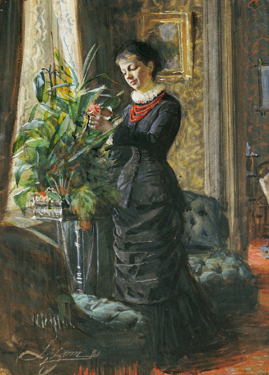 Portræt af fru Lisen Samson, født Hirsch, arrangerer blomster ved et vindue, 1881 af Anders Leonard Zorn