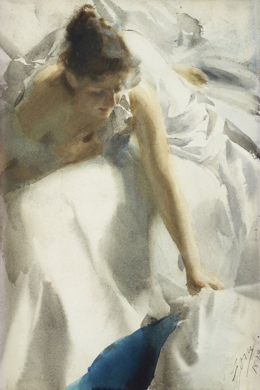 ""Reveil, boulevard Clichy, Paris"" (Awakening, Boulevard Clichy) Ung pige i negligee - Akvarel af Anders Leonard Zorn (1860-1920) 1892 Privat samling af Anders Leonard Zorn
