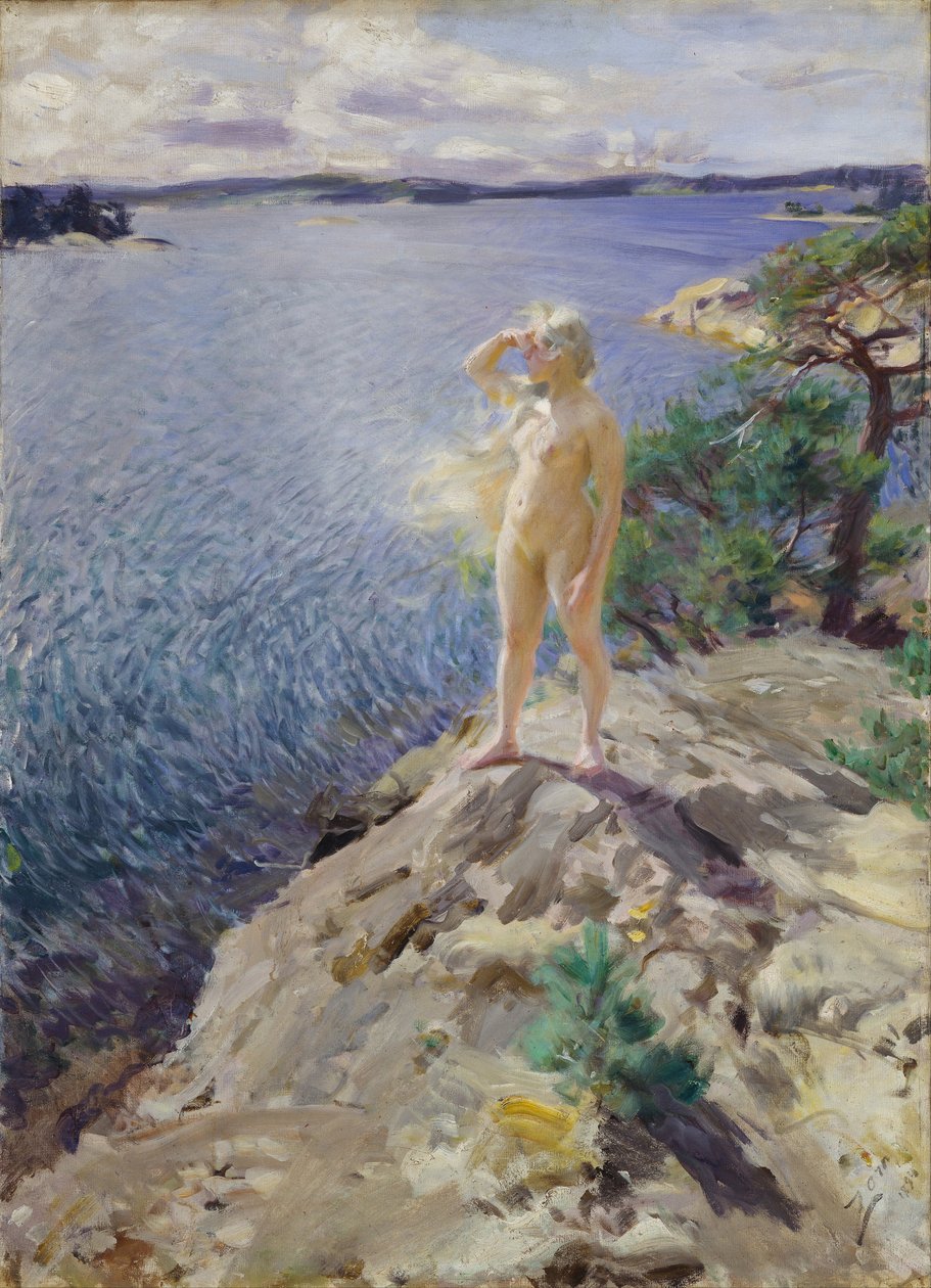 ""On the rocks"" Nøgen ung kvinde scanner horisonten på en kyst - Maleri af Anders Leonard Zorn (1860-1920) 1894 Nationalmuseet for kunst Oslo Norge af Anders Leonard Zorn
