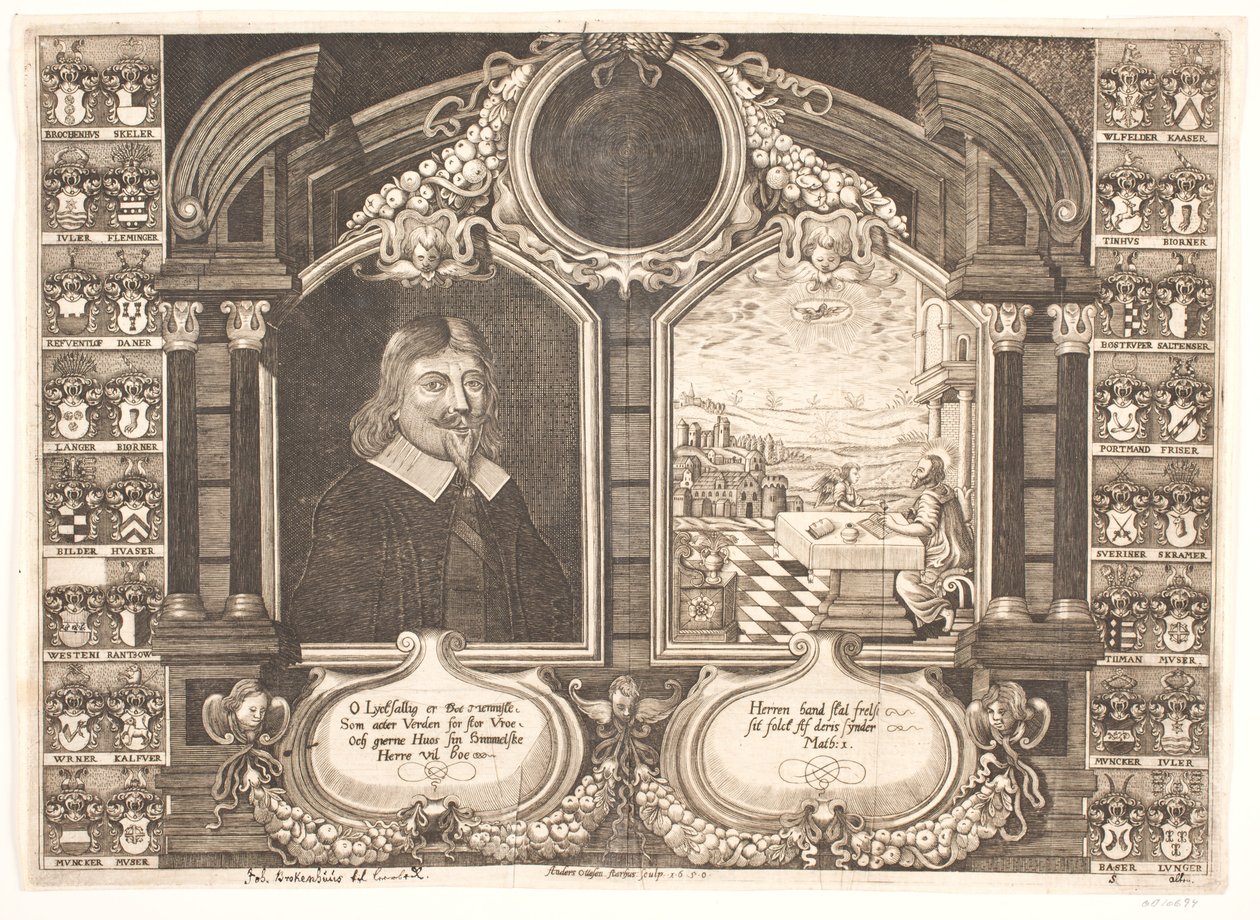 Johan Brockenhuus samt scene med evangelisten Matthæus. Til Ligprædiken af Anders Ottesen
