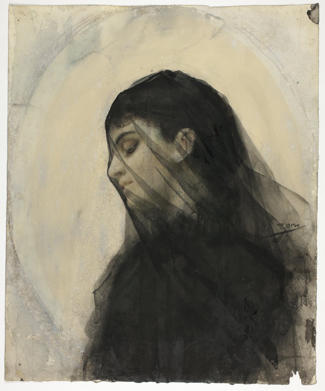 Hovedet af en tilsløret kvinde af Anders Zorn