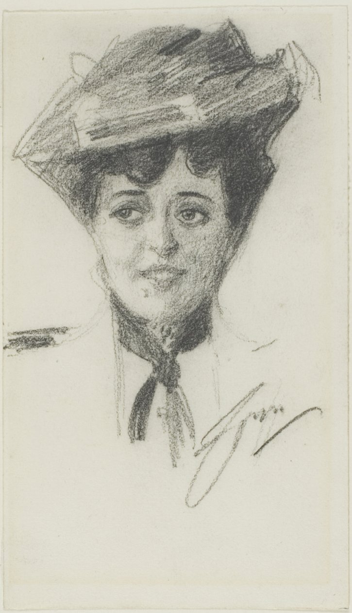 Hoved af en ung kvinde iført hat af Anders Leonard Zorn
