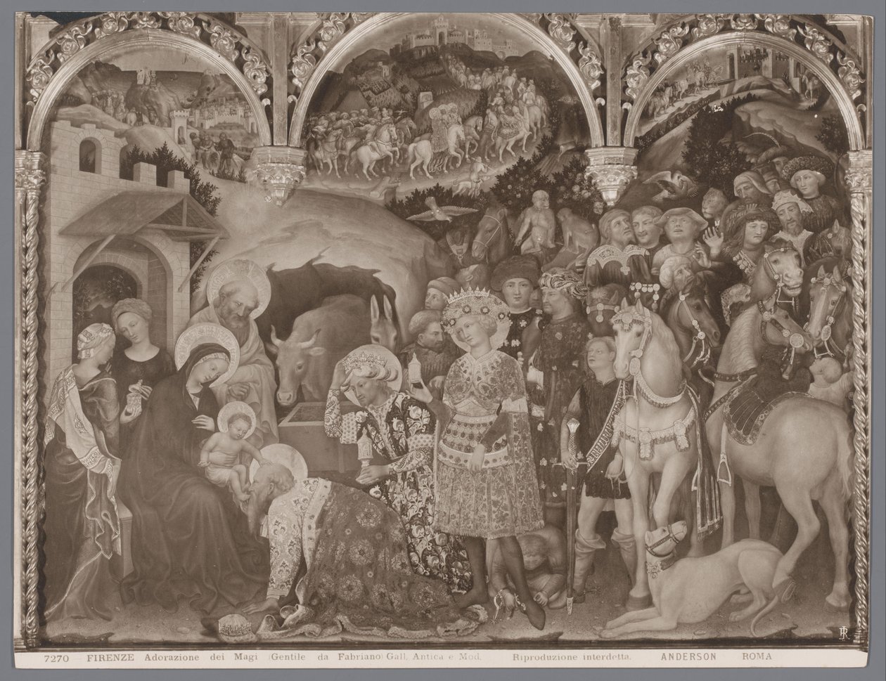 Fotoreproduktion af maleriet Adoration of the Magi af Gentile da Fabriano Firenze, Adorazione dei Magi (Gentile da Fabriano) Gall. Antica e Mod. (titel på objekt) af Anderson (firma)