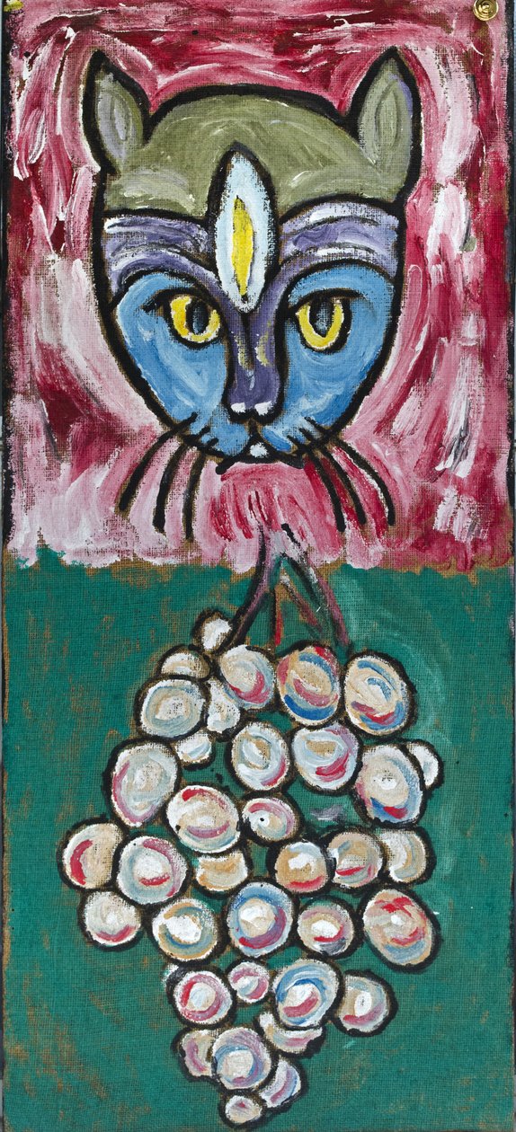 DAGLIG KUNST: CAT AND GRAPES, 2012 (akryl på jutelærred spændt op på en træramme) af Ando Gilardi