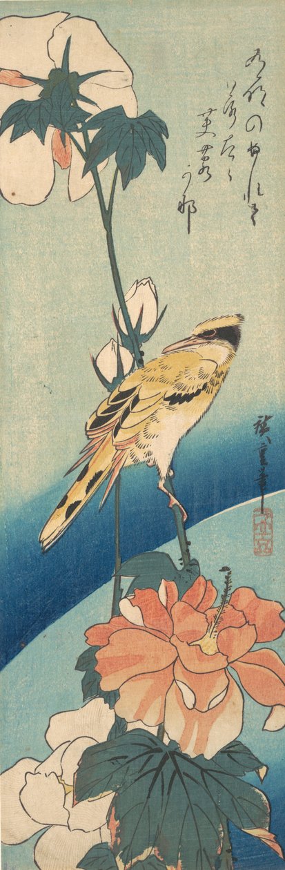 En sortnavlet Oriole på en stilk af rosenmallow, ca. 1834., ca. 1834. af Ando Hiroshige