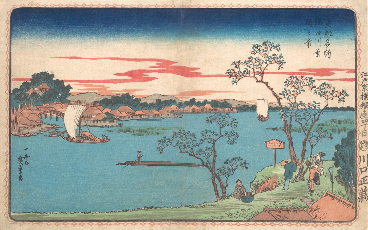 En udsigt over kirsebærtræer i blade langs Sumida-floden, 1831., 1831. af Ando Hiroshige
