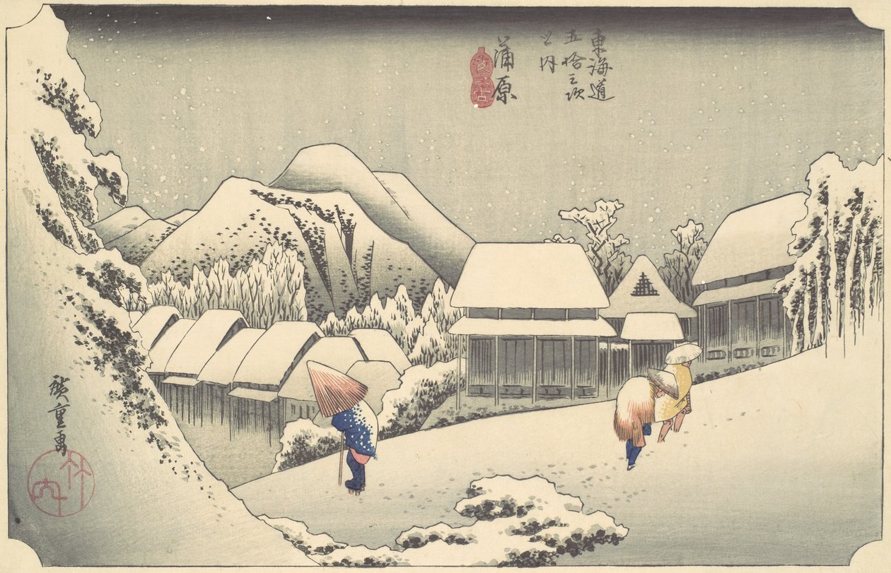 Evening Snow at Kanbara, fra serien Fifty-three Stations of the Tokaido, ca...., ca. 1833-34. af Ando Hiroshige