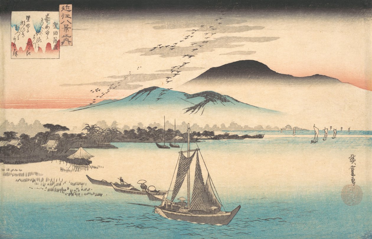 Gæs, der flyver ned til Katada. af Ando Hiroshige