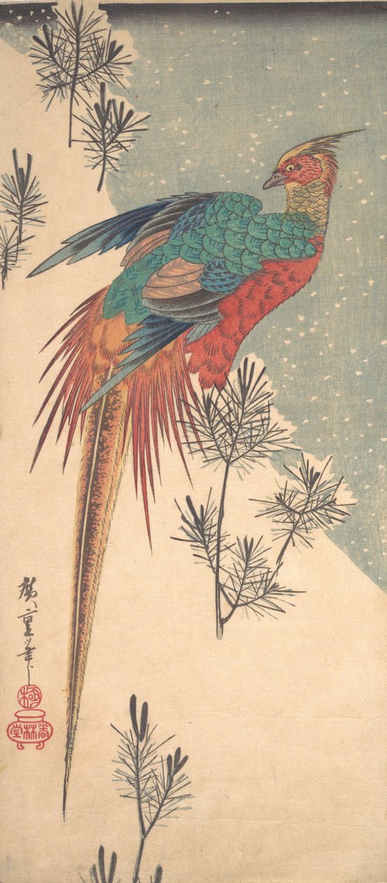 Guldfasan og fyrreskud i sne, ca. 1835., ca. 1835. af Ando Hiroshige