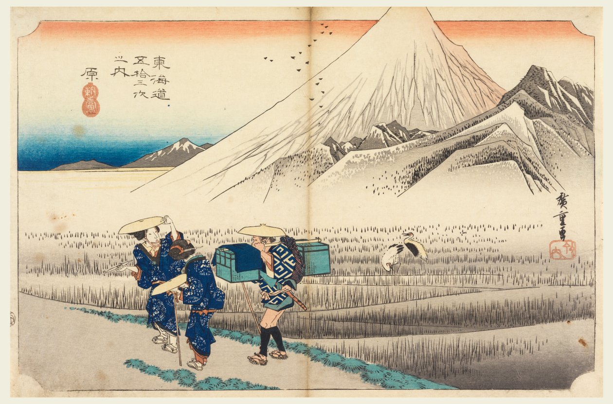 Hara, Fuji ved daggry, i de 53 stationer på Tokaido Road (Tokaido Gojusan Tsugi-no Uchi) af Ando Hiroshige