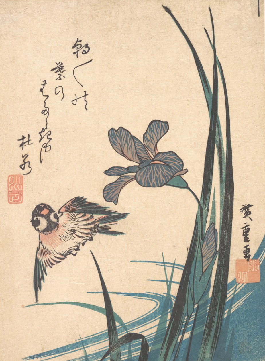 Iris og Spurv, ca. 1832., ca. 1832. af Ando Hiroshige
