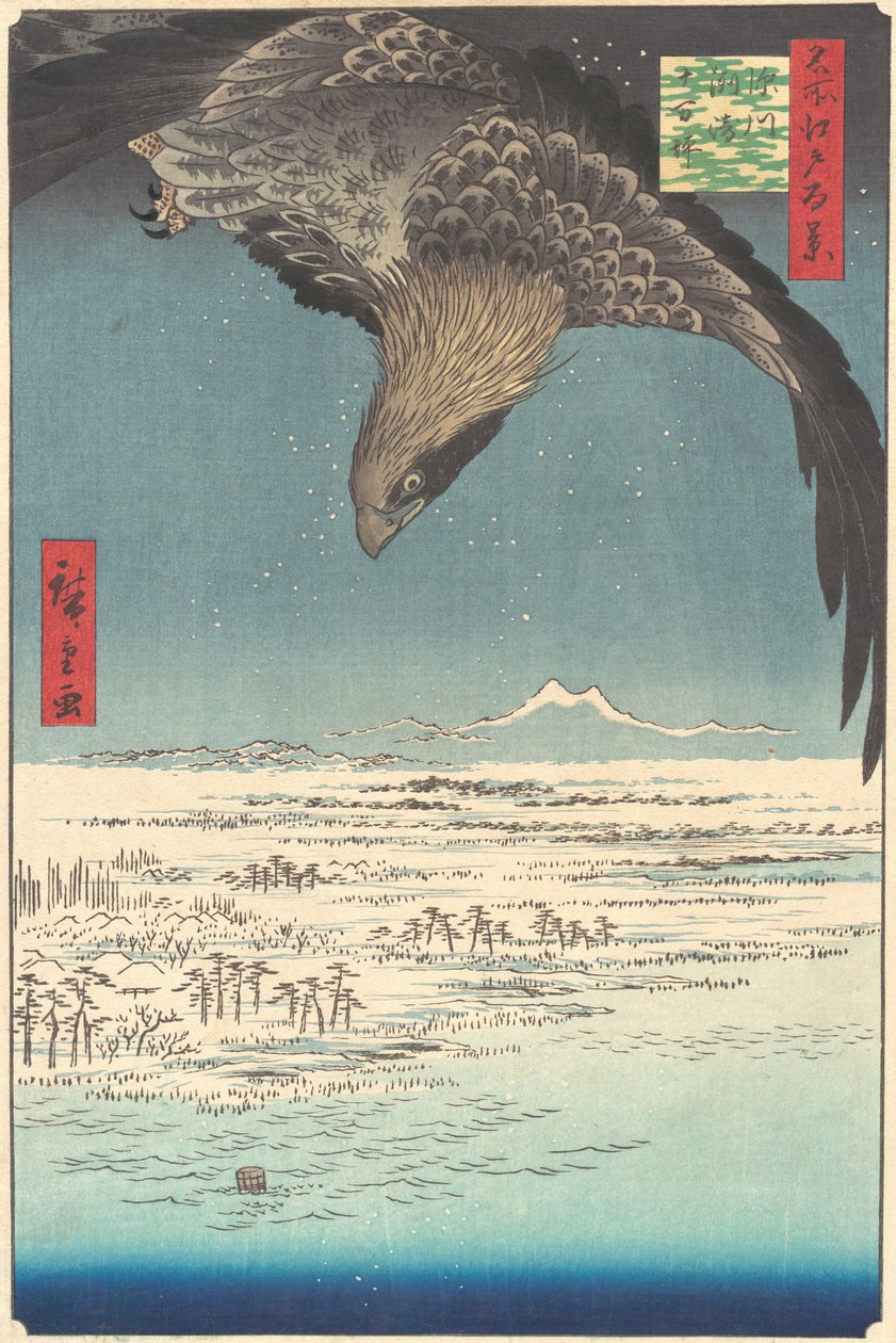 "Jumantsubo Plain at Fukagawa Susaki," fra serien One Hundred Famous Views of Edo Me..., 1856. af Ando Hiroshige