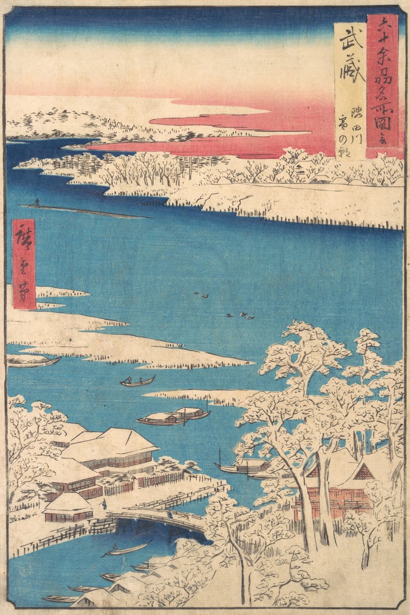 Morgen efter et snefald, Sumida-floden, Musashi-provinsen, fra serien Views o..., ca. 1853. af Ando Hiroshige