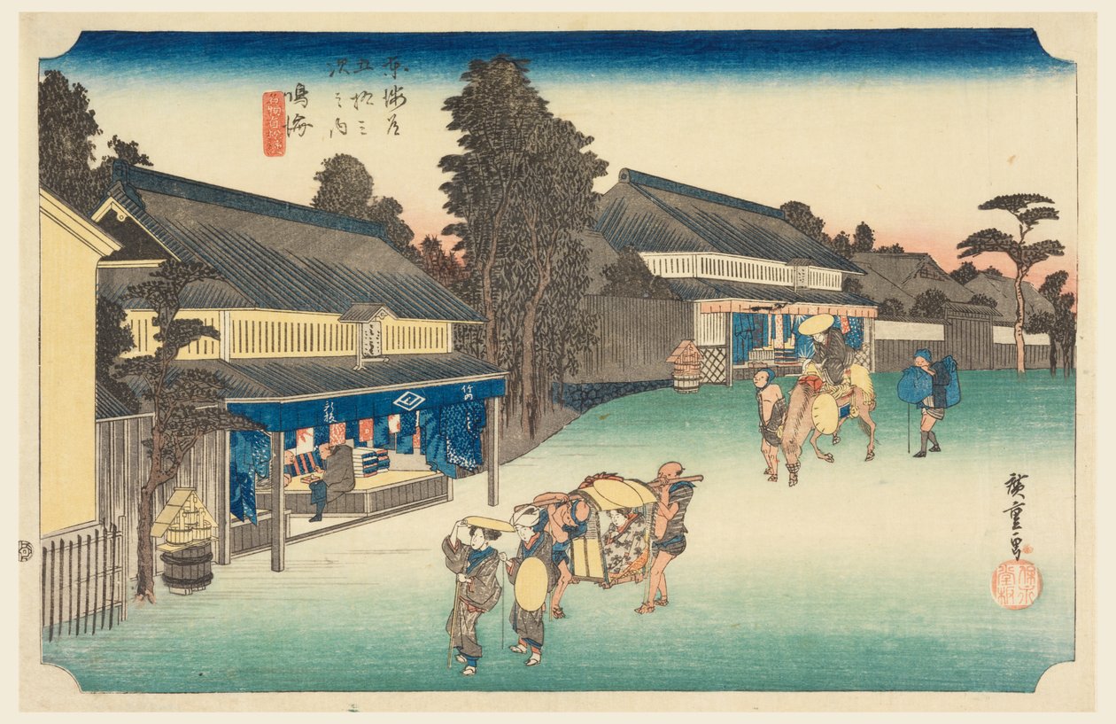 Narumi, et sted, der er berømt for sit stof, på de treoghalvtreds stationer på Tokaido Road (Tokaido Gojusan Tsugi-no Uchi) af Ando Hiroshige