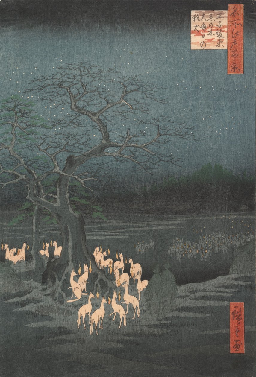 Nytårsaften Foxfires ved det skiftende træ, Oji, ca. 1857., ca. 1857. af Ando Hiroshige