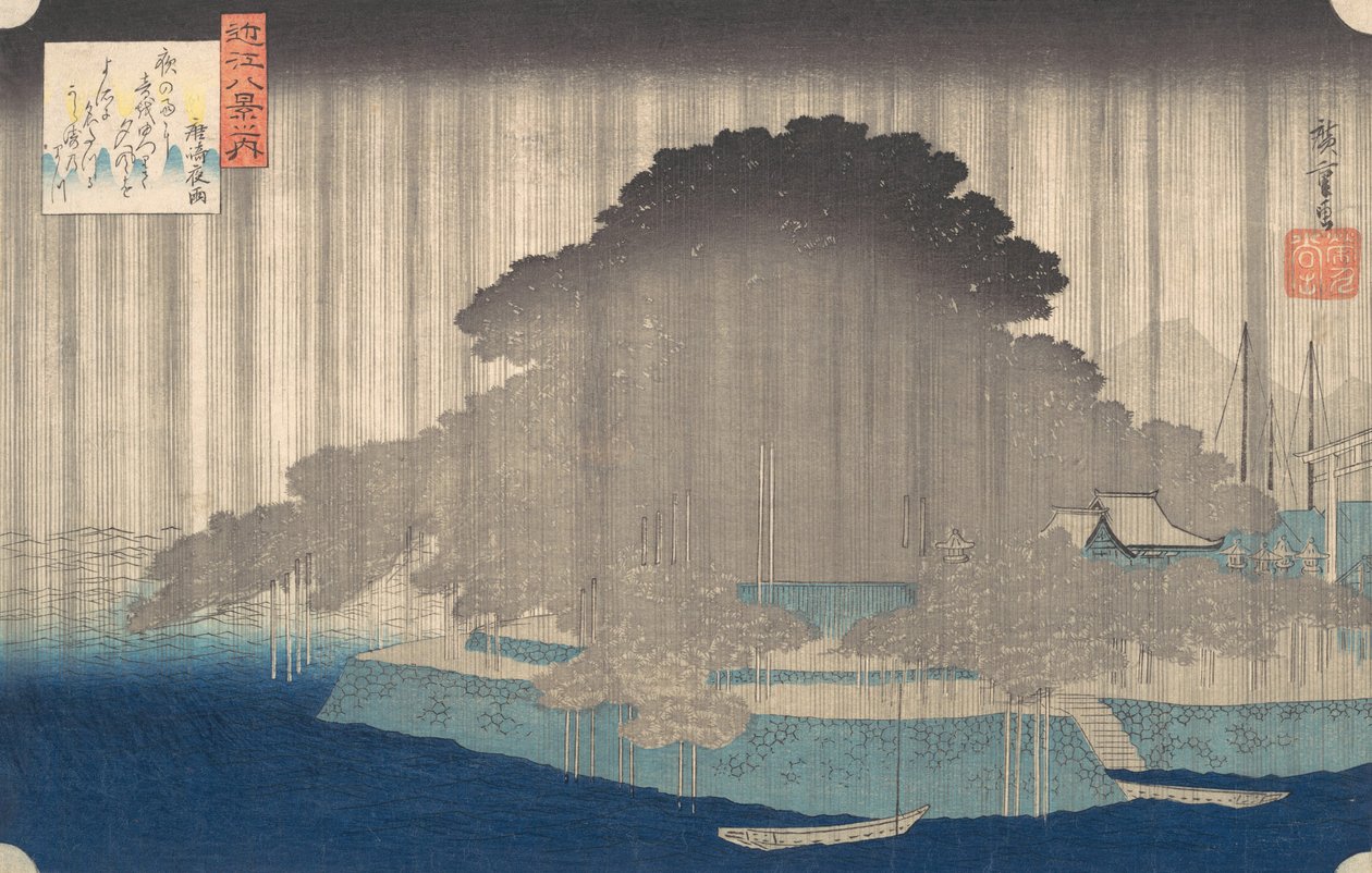 Night Rain at Karasaki, fra serien Eight Views of O-mi, ca. 1835., ca. 1835. af Ando Hiroshige