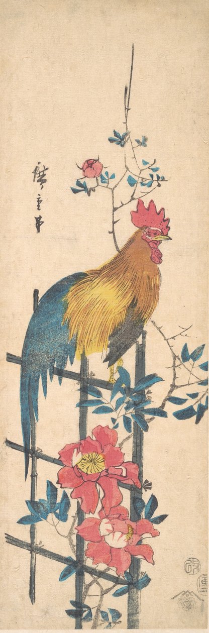 Peony and Cock, 1854., 1854. af Ando Hiroshige
