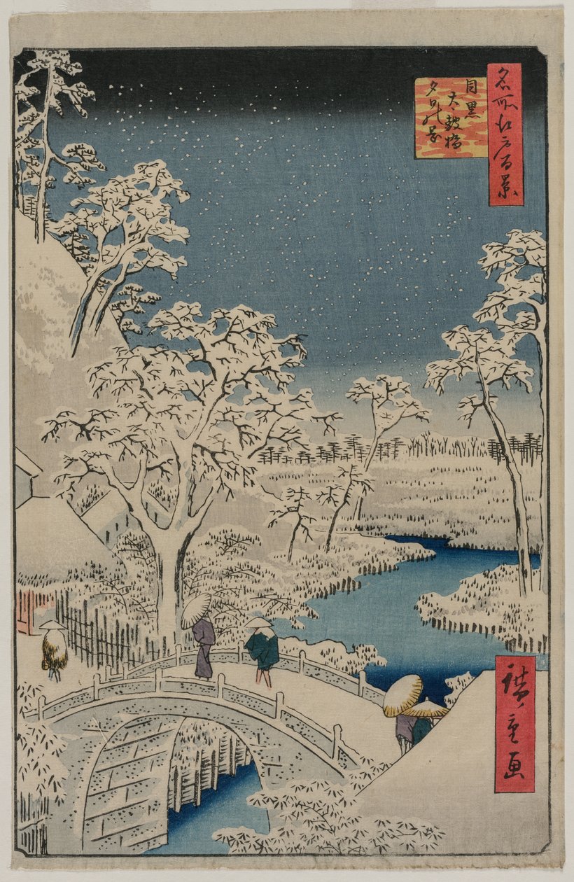 Billede af Twilight ved Drum Bridge i Meguro..., 1857. af Ando Hiroshige