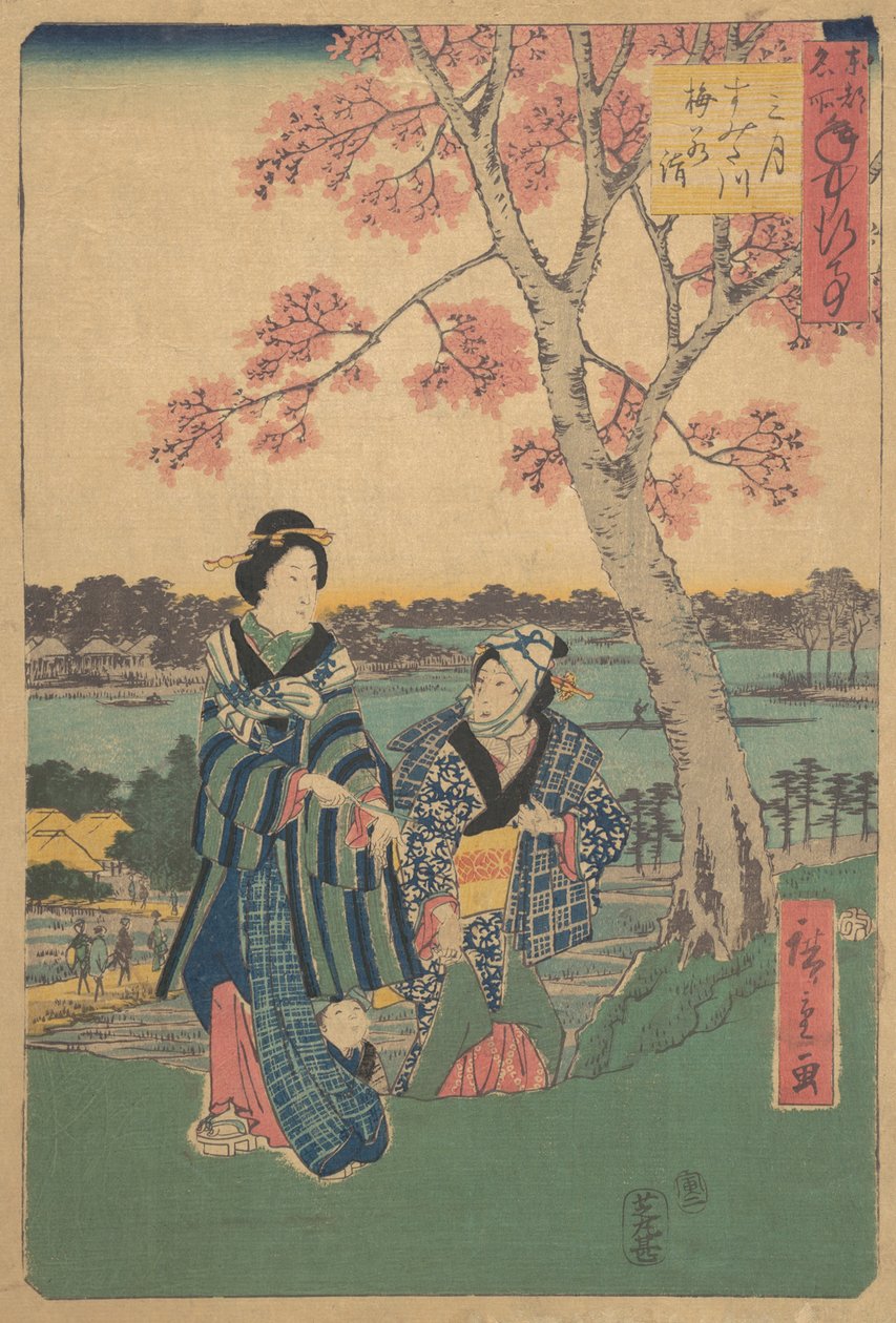 Blommeblomster i den tredje måned ved Sumida-floden fra serien Annual Events at F..., 1854. af Ando Hiroshige