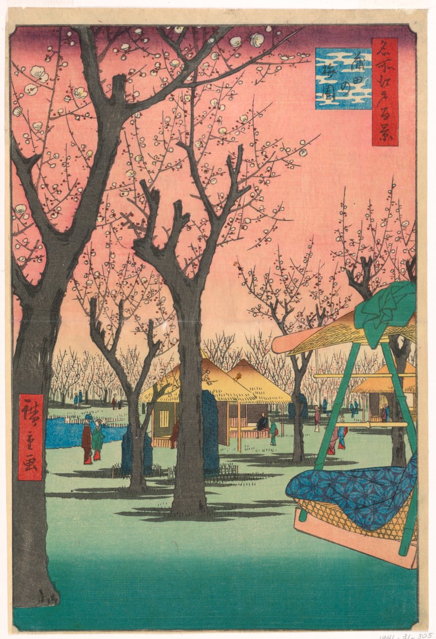 Plum Garden, Kamata (Kamata no Umezono) Fra serien Et hundrede udsigter over Edo af Ando Hiroshige